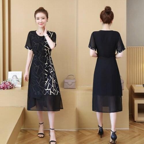 Summer Office Lady A-line Solid Straight Fashion Elegant Chiffon Round Neck Short Sleeve Plus Size Dress Black Party Dress