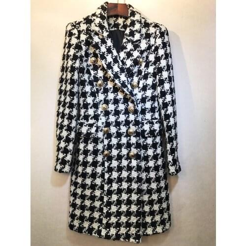 Europe&America womens double-breasted plaid tweed coat 2019 Fall/winter high quality houndstooth overcoat women B068