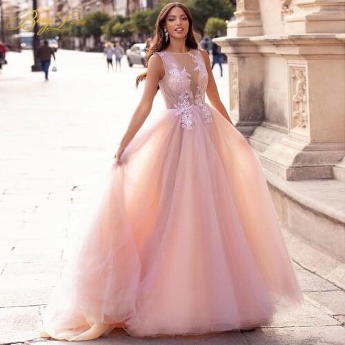 Pink Prom Dresses Appliques Scoop Sleeveless Illusion Evening Dresses Floor Length Robe de soiree Vestidos