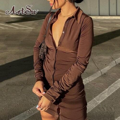Artsu New Autumn Casual Women Dresses Vintage Bodycon Single-breasted Summer Dress Simply Ruched Women Clothing 2021 ASDR83406