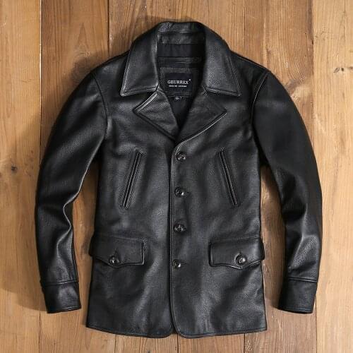 Free shipping.quality men genuine leather wind coat.wholesale black plus size cowhide jacket.classic casual winter cloth