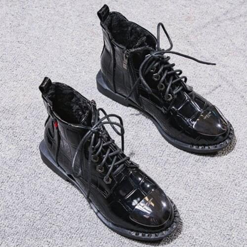 Japanned Leather crocodile boots women shoes short rivets botines mujer 2020 british lace up riding boots studs metal toe botas