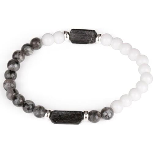 6mm grey black labradorite Alternate white glossy beads Black tourmaline calm Healing Stone Charm Energy Bracelet For Man Women