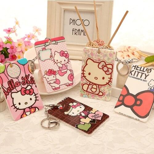 Hello Kitty ID Credit Bank Card Holder Kawaii Animal Students Bus Card Case Cartoon Cat Keychain Badge Cards Cover Gfits