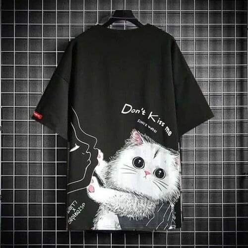 Black Kawaii Cat T Shirt Men Japanese Cute T-shirt Harajuku Streetwear Tshirt Casual Short Sleeve Summer Funny Tops Tshirts Male