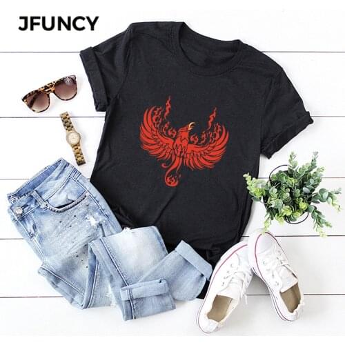 JFUNCY Plus Size Women Tops Bird Print Casual Woman Cotton T-shirt Summer Female Tee Shirt Oversize Short Sleeve Lady Tshirt