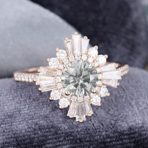 EDI Gothic Gray Moissanites Ring 14k Rose Gold Art Deco Baguette Cut Natural And Conflict-free Diamond Ring Bridal Jewelry