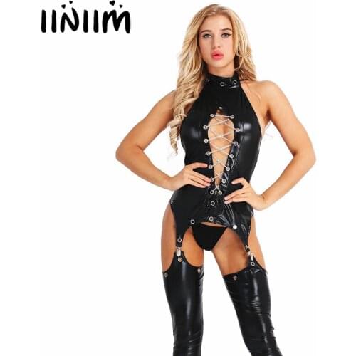 Womens Wetlook Lingerie Set Cut Out Open Crotch Crotchless with Briefs Chains Bodysuit Catsuit Jumpsuit Sexy Clubwear Costumes