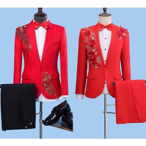 Mosaic blazer men groom suit set with pants mens wedding suits costume singer star style dance stage clothing red formal dress