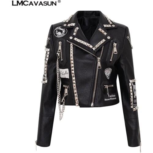 LMCAVASUN 3D Graffiti soft pu leather jackets women rivet Chain beading Punk Rock Cropped Men Leather jacket
