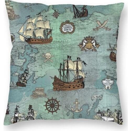 Pirate Map Nautical Sea Print Square Throw Pillow Case Home Decorative Double-sided Printing Skull Sailor Cushion Cover for Car