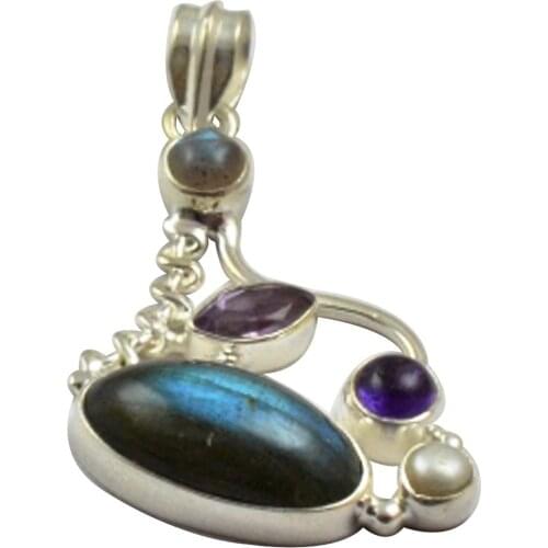 Lovegem Nature Labradorite & Amethyst Pendant 925 Sterling Silver , 40.9 mm, MHBAP4617