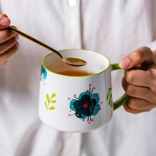 Cute Hand-Painted Ceramic Breakfast Cup 320ml Cartoon Flowers Pattern Milk Oat Coffee Mug Underglaze Pottery Cups For Home Gift