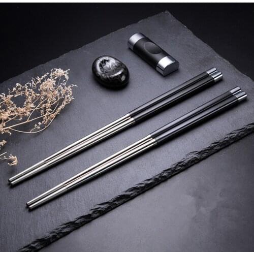 Resuable China Chop Sticks Black silver Household Dinnerware Cutlery Stainless Steel Chopsticks Holder Kitchen Tableware Tools