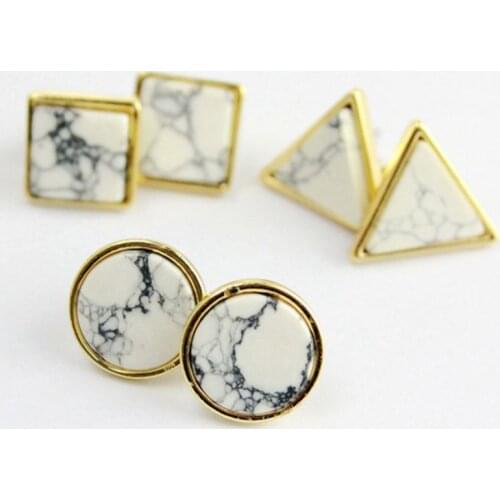 Fashion Square Triangle Round Geometric Marbled White Natural Stone Resin Stud Earrings For Women Gift