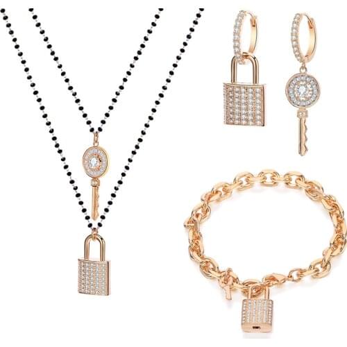 New Design Lock Jewelry Set For Women Crystal Beads Pendant Necklace Charm Bracelet Drop Earrings Fashion Jewelry Festival Gift