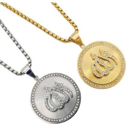 Gold/Silver color rhinestones round Allah pendant necklace Stainless steel Islam Allah medal necklace men women jewelry BLKN0796