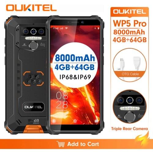 OUKITEL WP5 Pro IP68 Waterproof 5.5" FDD Smartphone Android 10.0 Mobile Phone 13MP Triple Cameras Face unlock 4GB 64GB 8000mAh