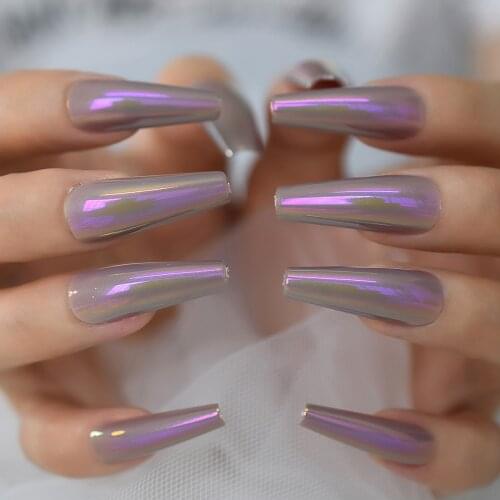 Super Long Purple Light Aurora Mermaid Wearable Fake Nail Design Finished Fingernail Tip Flat Head Coffin Fake Nails Girl Decor