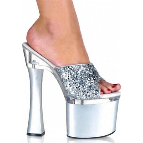 7 Inch High-Heeled Slippers New Selling Cheap 18cm Sexy Glitter With Summer Slippers Thick Dance Shoes
