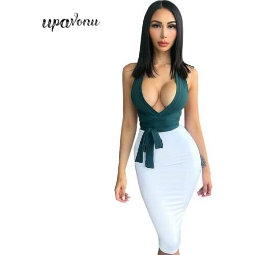 UpAvonu 2020 Summer New Womens Bodycon Colorblock Sexy V-neck Bandage 2 Piece Set Vestidos Sleeveless Bandage Club Party Set