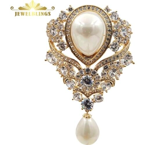Victorian Vintage Ribbon Scroll Imitated Pearl Drop Wedding Brooches Gold Tone Pave CZ Floral Teardrop Luxury Bridal Pin Jewelry