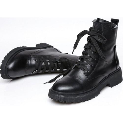 Brand New Autumn Winter Genuine Leather Womens Ankle Boots Fashion Lace Up Zipper Round Toe Thick Bottom Cowhide Casual Boots