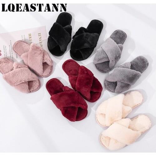 LQEASTANN Winter Womens Slippers Flat Sweet House Slippers Indoor Warm Soft Loafers Cross Plush Ladies Black Gray Pink Slippers