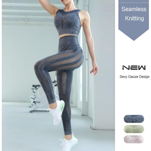 Femme 2 Piece Gauze Sports Sets Gym Yoga Set Conjuntos De Mujer Women Fitness High Waist Mesh Pants and Sports Bra Top