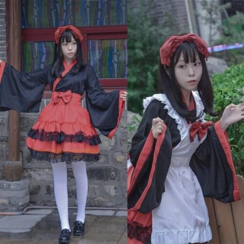Women Japanese Anime Witch Maid Cosplay Costume Geisha Kimono Robes Girls Yukata Stage Lolita Floral Tea Party Dress Apron Sets