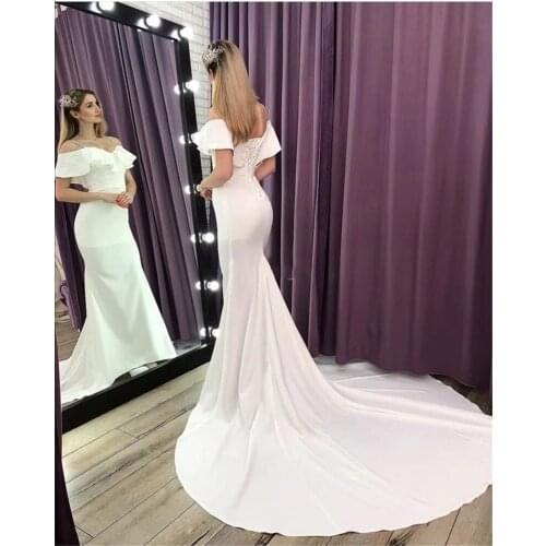 Romantic Mermaid Wedding Dresses Off The Shoulder Satin Garden Bridal Gowns Satin Sweep Train Lace-up Wedding Dress