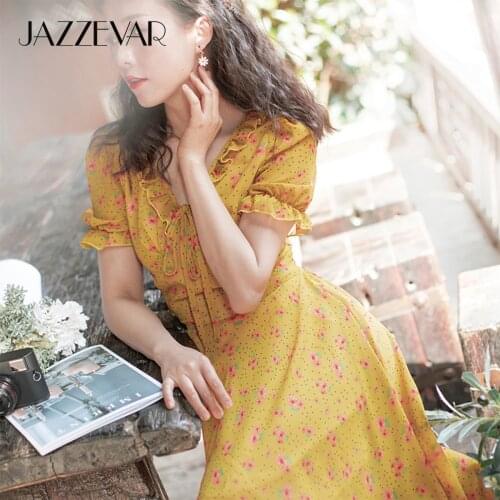 JAZZEVAR 2021 Summer New Woman Elegant Yellow floral Print Chiffon Dress Female Ruffles French Style Sweet Lady Long Dresses