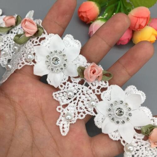 10x Pearl Diamond 3D Flower Rhinestones Embroidered Lace Trim Ribbon Fabric Sewing Craft For Costume Wedding Decoration 4.8cm