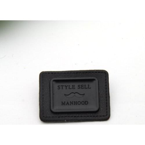 20pcs/lot black PU leather sew on patches labels with matt black metal plates manhood clothing label for jeans/jacket PLB-003