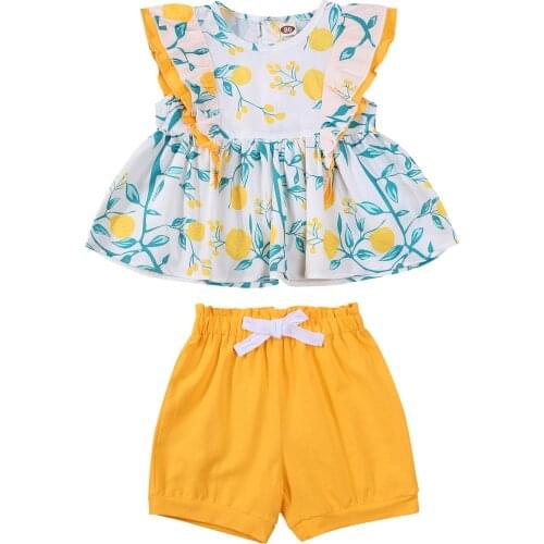 2021 1-6Y Summer Kids Girl Clothing Ruffle Floral Print Sleeveless Top Dress+Bow Solid Shorts 2pcs Outifts Set