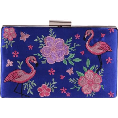 2020 embroidery Flamingos evening bags silk flowers banquet purse silk wedding clutch with chain drop shipping mn1040