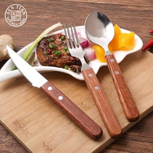 3Pcs/Set Wooden Handle SUS 304 Stainless Steel Dinnerware Sets Knife Fork Kitchen Utensils High Temperature Resistance