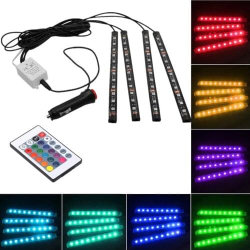 4x 12LED RGB Car Interior Decorative Light Set With Remote Control ON-OFF Switch On Cigarette Lighter Fit All Car With 12V DC