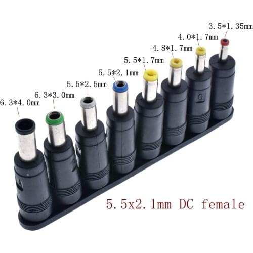 8pcs DC 5.5X 2.1 MM female jack plug adapter Connectors to 6.3 6.0 5.5 4.8 4.0 3.5mm 2.5 2.1 1.7 1.35mm Male Tips power adaptor