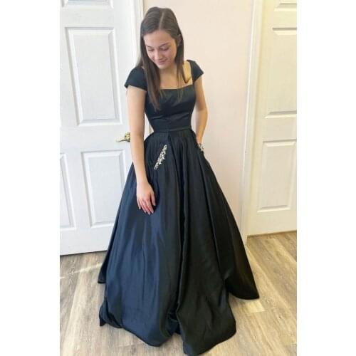 Satin Prom Dresses with Pockets 2021 Ball Gown Open Back Boat Neck Cap Sleeves Formal Evening Dress Lace-up Back Robe De Soiree
