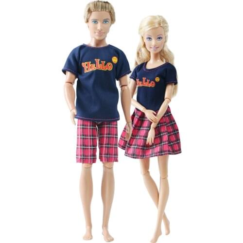 BJDBUS Mix 2 Pcs /Set Couple Doll Outfit Daily Casual Wear T-shirt Dress Clothes for Barbie Doll for Ken Doll Accessories Toys