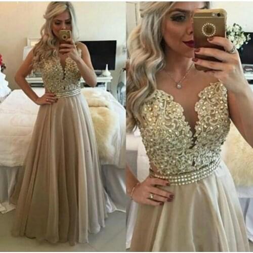Champagne Arabic Prom Dresses Sheer Neck Appliques Beads Crystal A Line Long Cheap Formal Evening Party Special Occasion Gowns