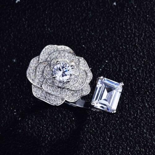CIZEVA Luxury 925 Sterling Silver Elegant Big Flower Ring High Quality Cubic Zirconia Romantic Resizable Ring Statement Jewelry