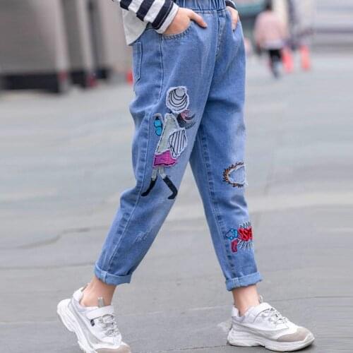 Baby Girls Jeans 2021 Fashion Casual Jeans Spring Autumn Elasticated Waist Girls' Letter Printed Jeans Cartoon Pencil Pants 4-14