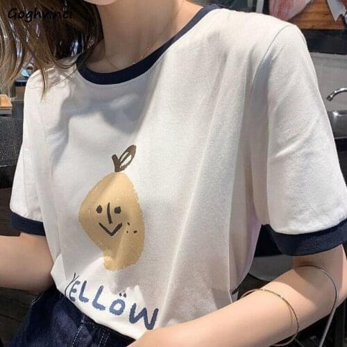 T-shirts Women Chic Simple All-match Cartoon Printed Kawaii Korean Style Tshirts Streetwear Ulzzang Womens Retro Leisure Slim