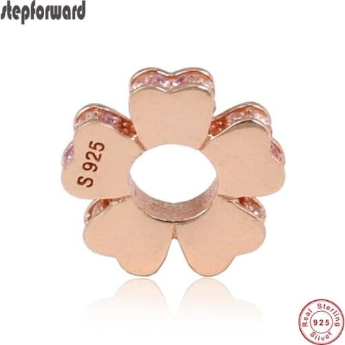 Good Quality Popular Pink Gold 925 Pure Silver Flower Spacer Charm Fit European Famous Bracelet