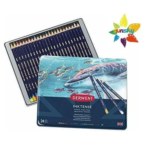 Derwent Colored Pencils Inktense Ink Pencils 24 color Metal Tin box ,4mm soft lead core,perfect for illustrators,designers
