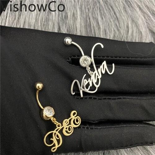 VishowCo Custom Name Belly Ring Personalization Stainless Steel Custom Body Zircon Belly Ring Gold Color Gift For Women