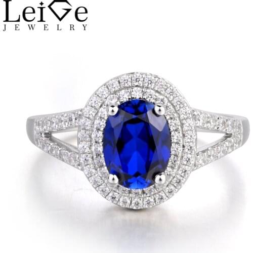 Leige Jewelry Oval Cut Lab Blue Sapphire Promise Ring 925 Sterling Silver Ring Gemstone September Birthstone Halo Ring for Her