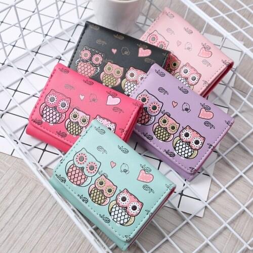 New Cartoon Cute Owl Pattern Ladies Wallet Short Pu Leather 3-fold Coin Purse Card Holder Girl Mini Change Money Bag